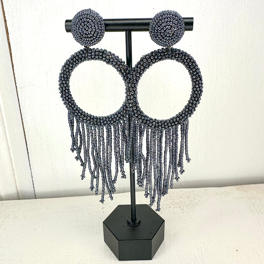 Gunmetal Grey Beaded/Fringe Hoops